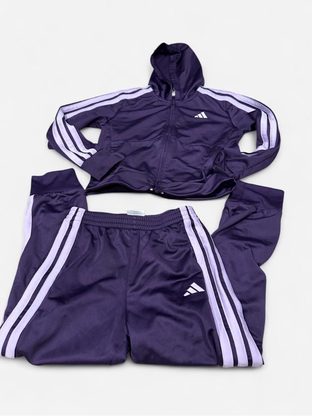 adidas Kids Dark Purple Two-Piece Hooded Track Set with Light Purple Stripes